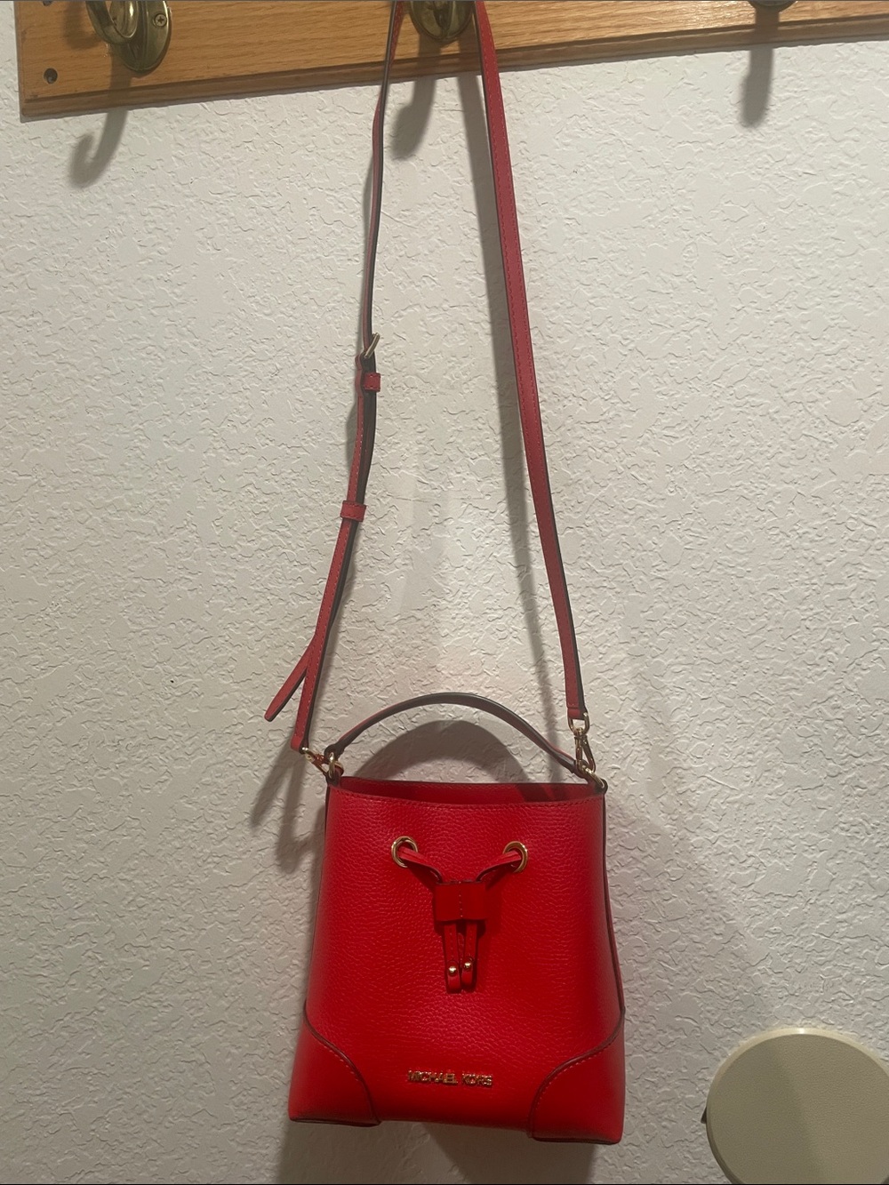 Michael Kors Red Leather Drawstring Bucket Crossbody